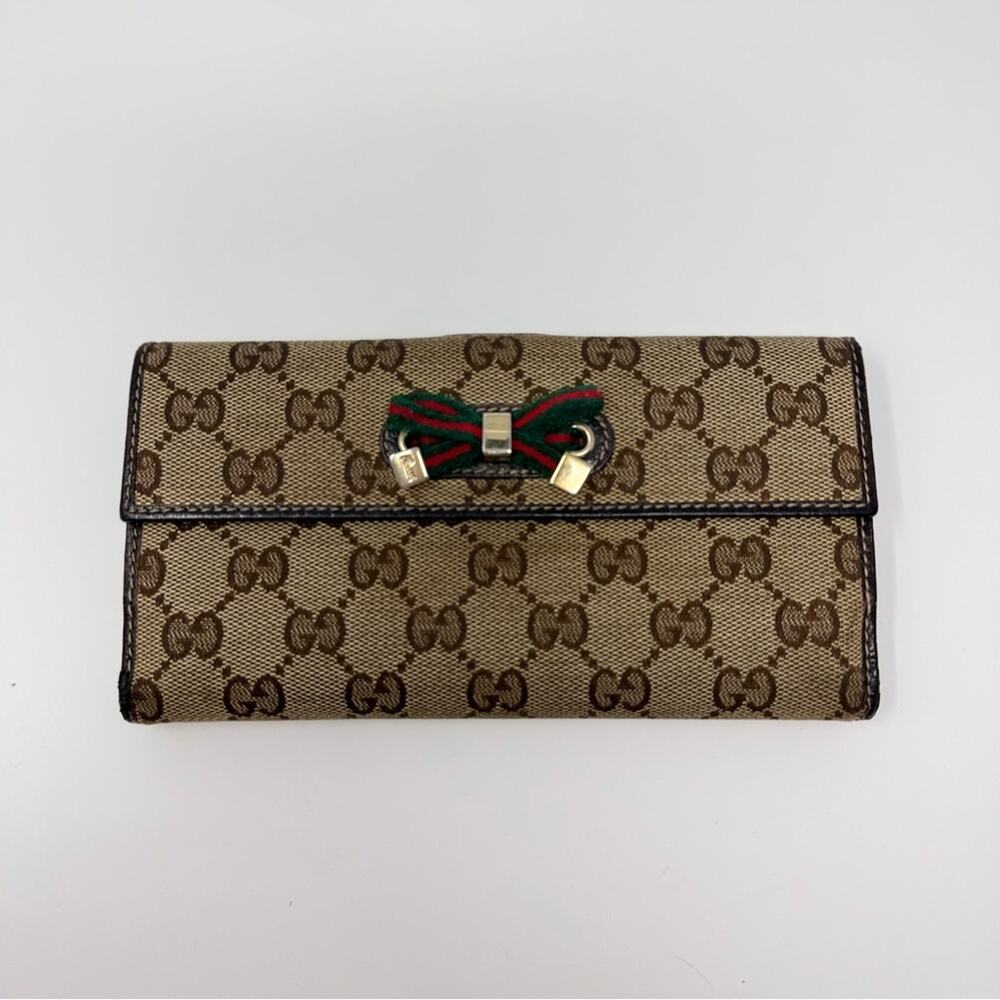 Gucci Beige GG Supreme Canvas Wallet with Green and Red Web Bow